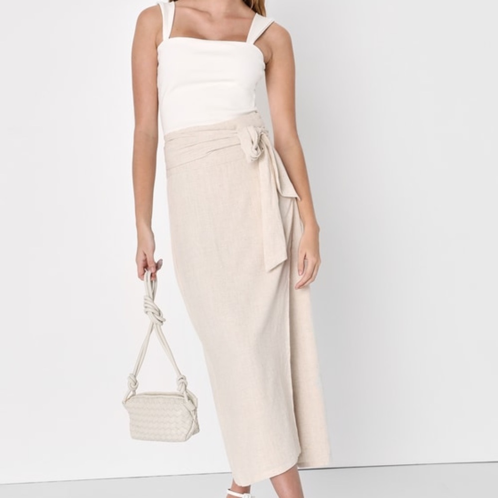Lulus Breezy Personality Beige Linen Midi Wrap Skirt - Size L
